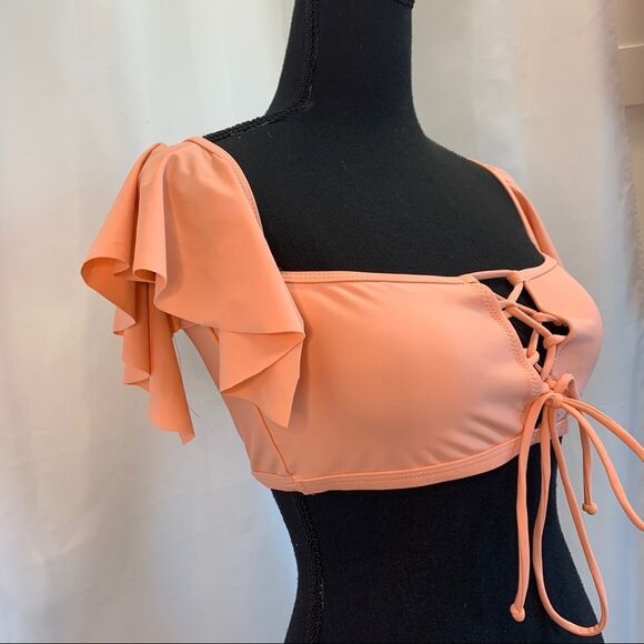 𝅺PEACH Laceup ruffle frill Shoulder crop top bikini top Sz M 🔥 - Picture 3 of 8